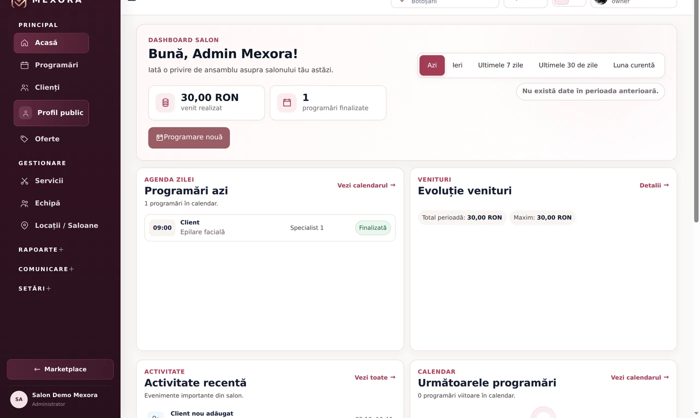 Dashboard Mexora Business: programări, încasări și activitatea salonului