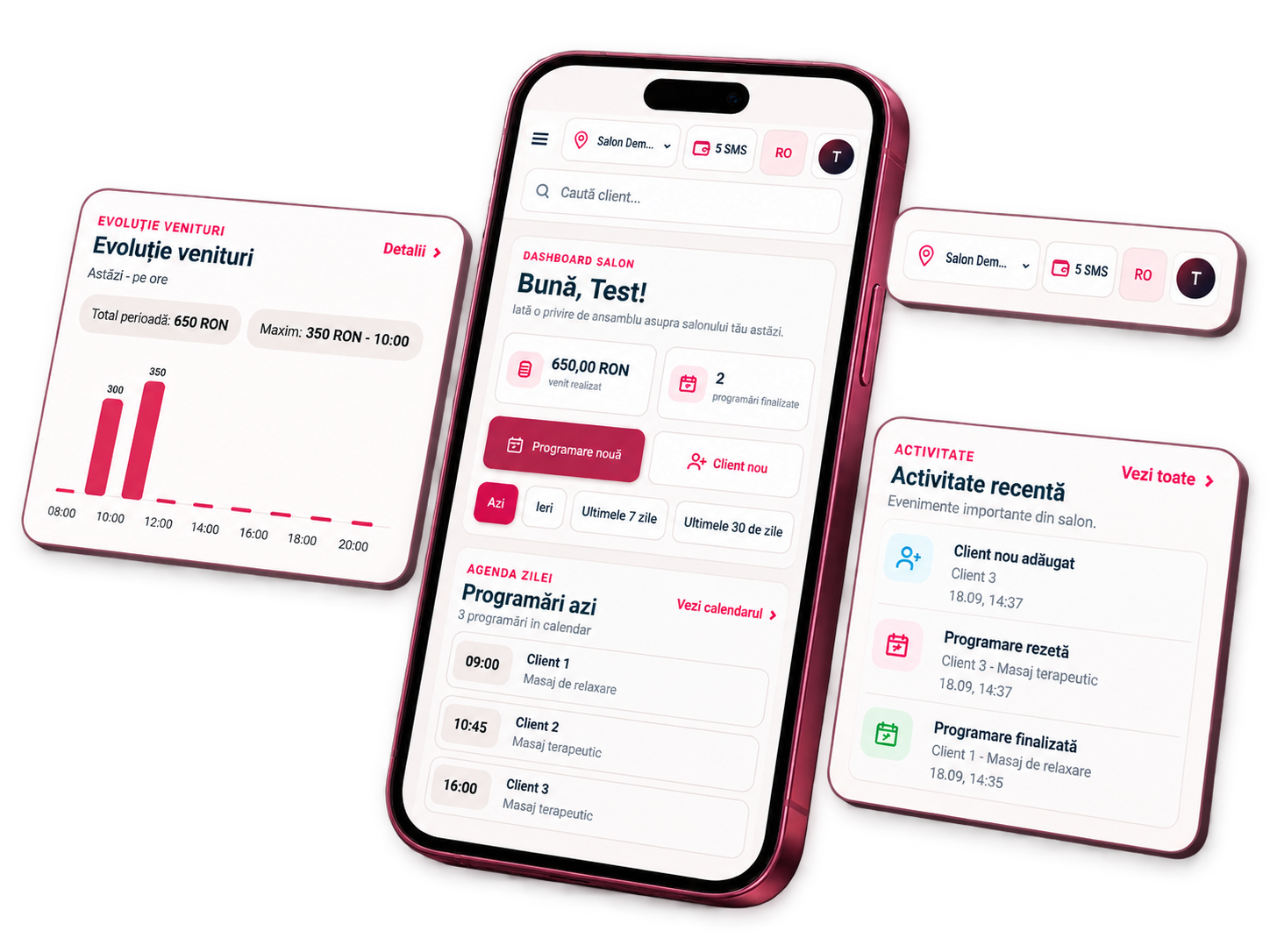 Previzualizare Mexora Business cu dashboard-ul salonului, programări și activitate